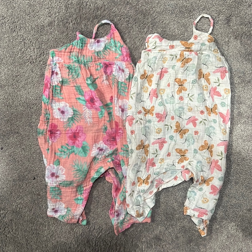 Lot of 2 Angel Dear Cotton Muslin Rompers. Size 12-18 months.